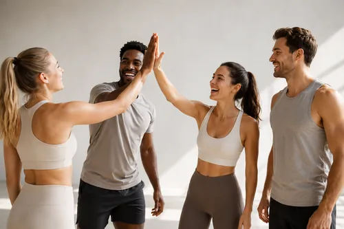 Group of friends high-fiving after a workout