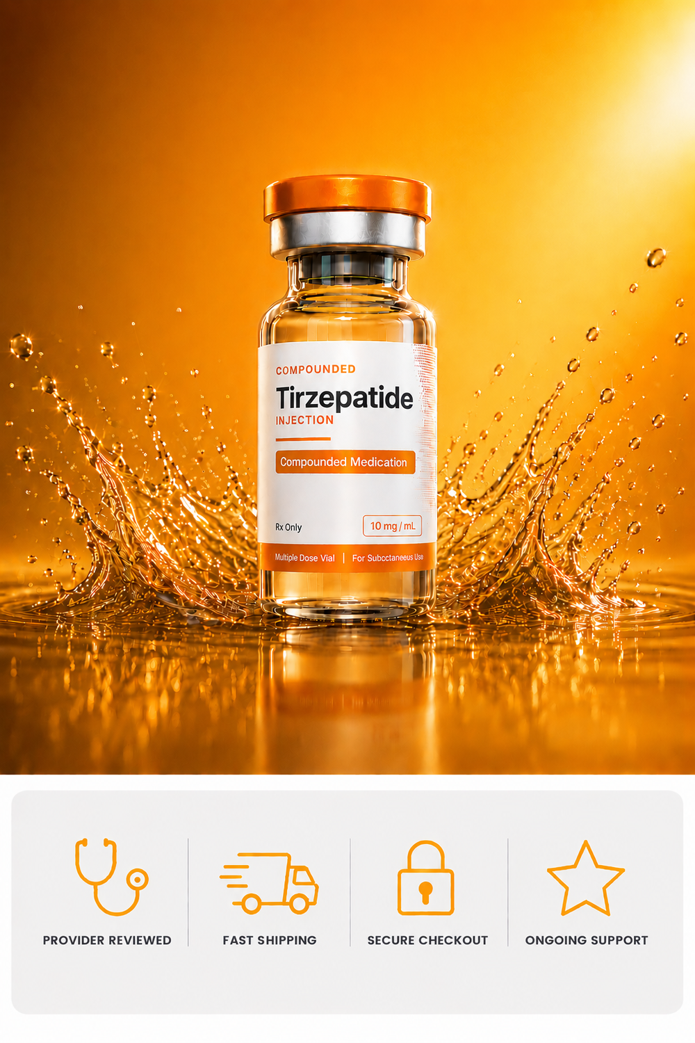 Compounded Tirzepatide injection vial – provider reviewed, fast shipping, secure checkout, ongoing support