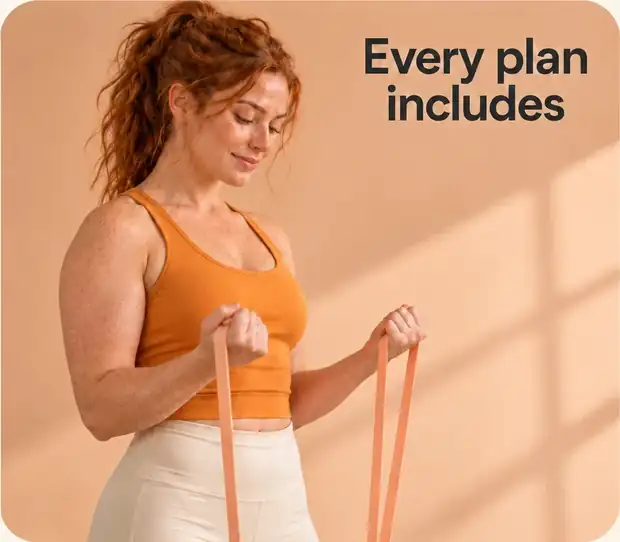 Woman exercising with a resistance band. Every plan includes: