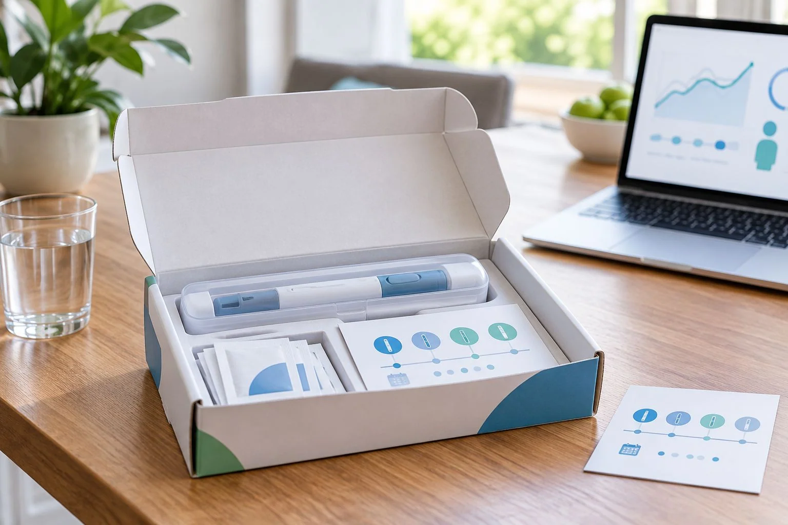 Telehealth GLP-1 medication shipment with injection supplies on a counter
