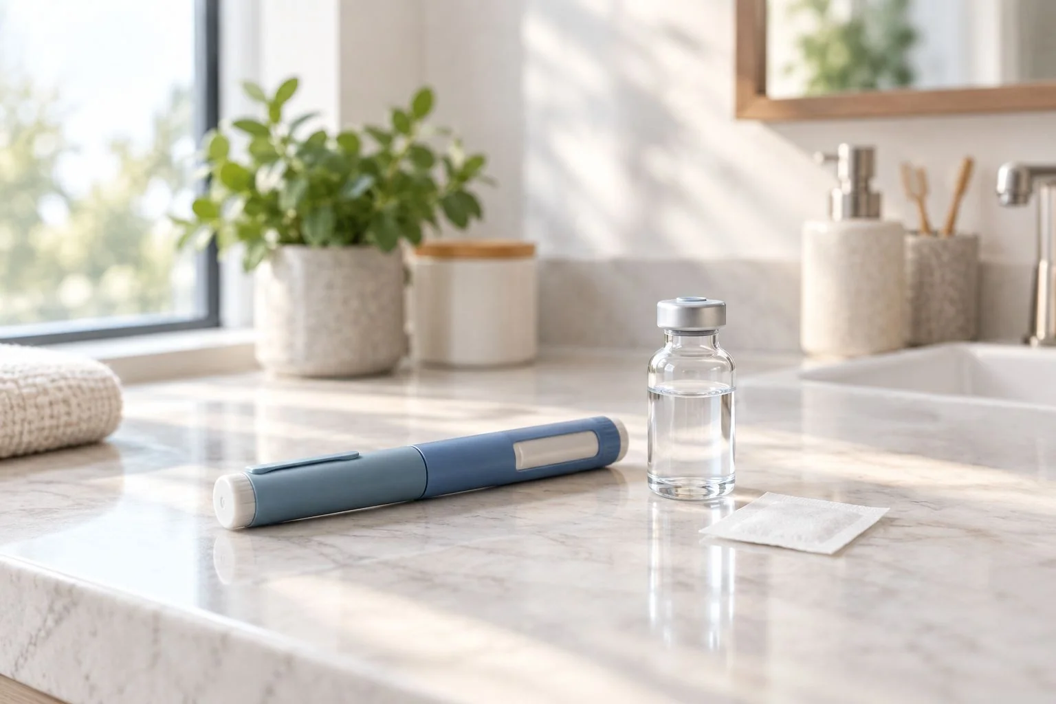 Generic injection pen and vial on a counter representing weekly GLP-1 dosing