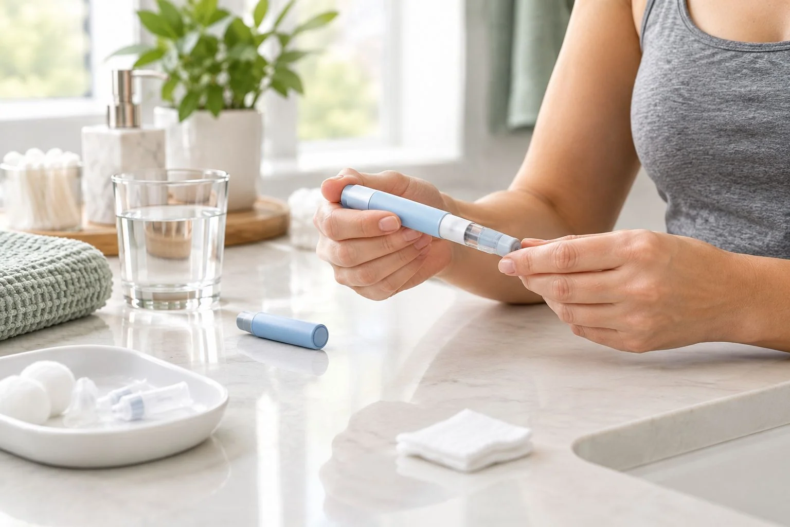 Person preparing a weekly self-injection pen at home